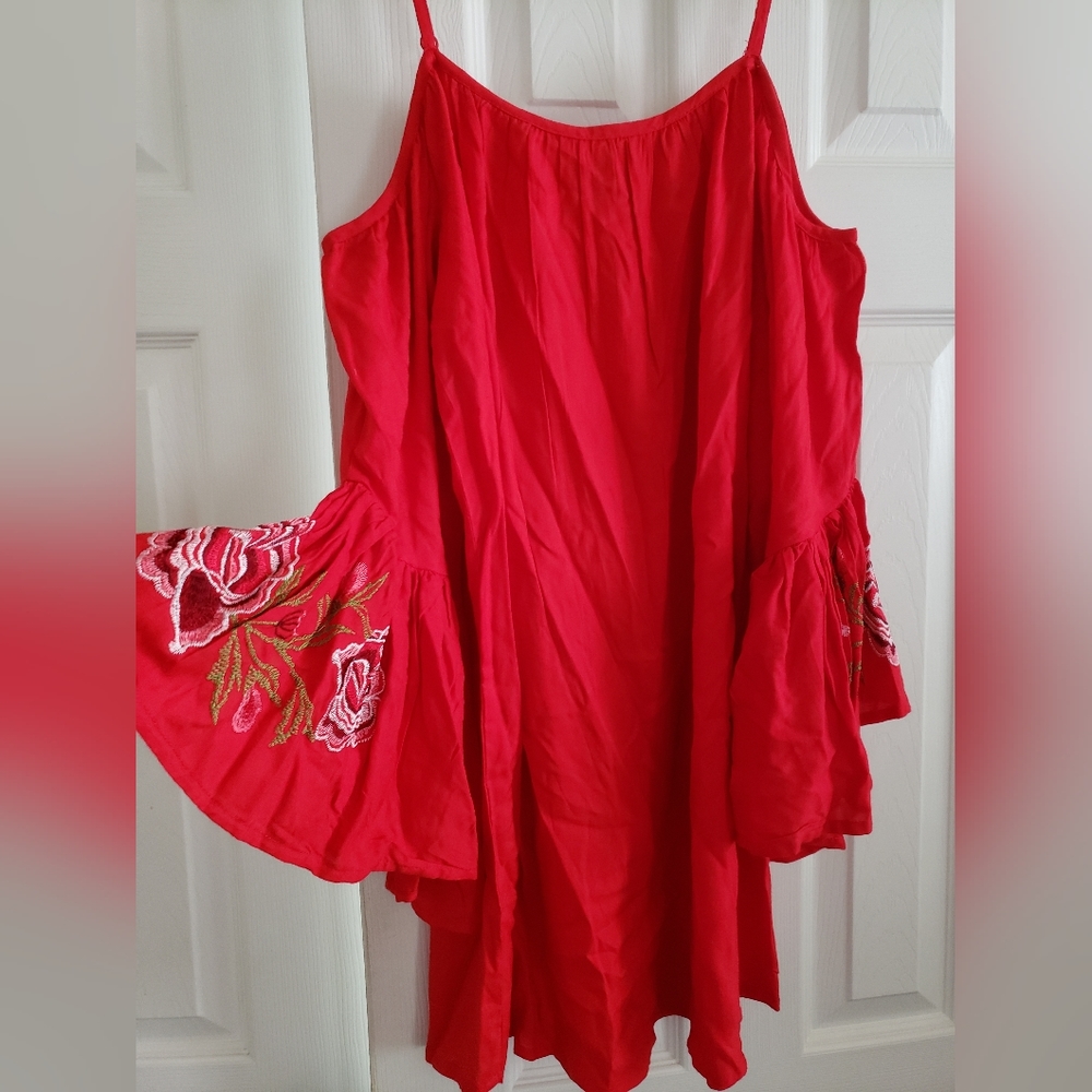 Feathers Made in India Dark Red Dress with Embroidered Bell Ruffle Sleeves